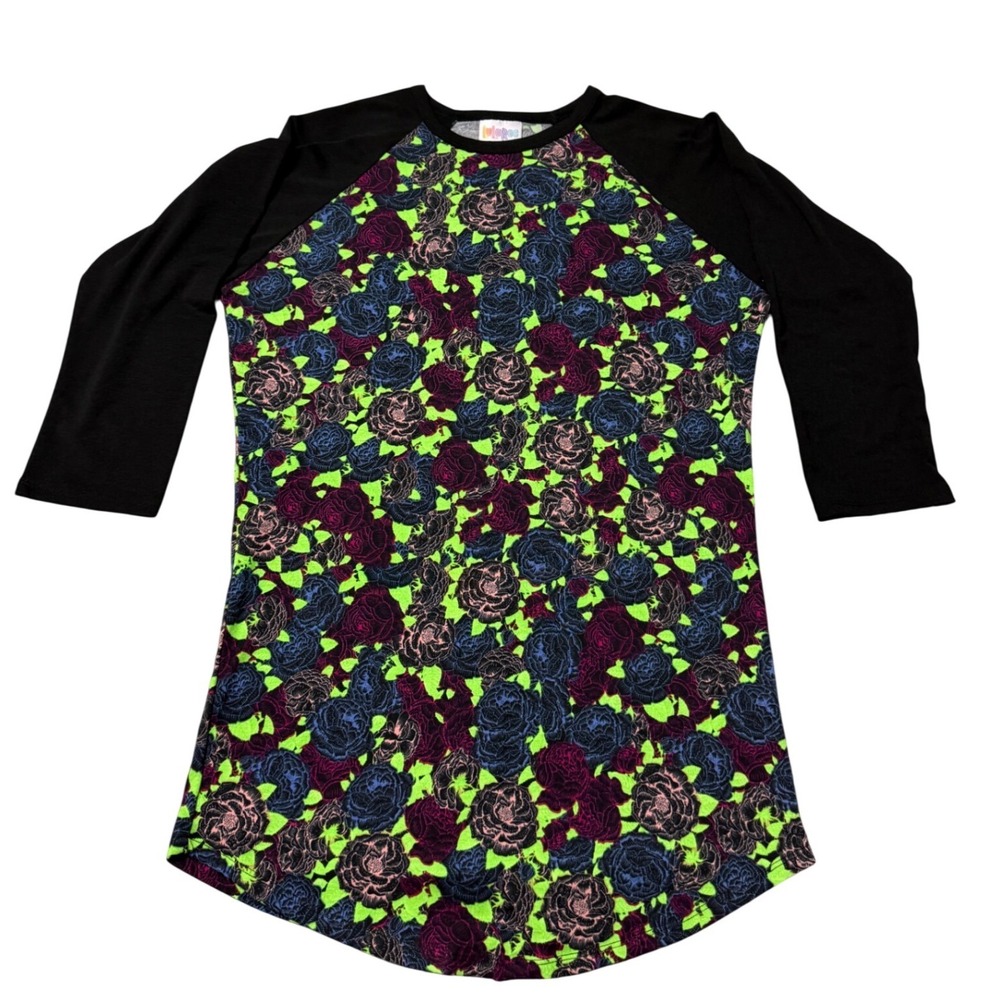 LuLaRoe Randy XS Baseball T Neon Floral Rose Black Raglan Sleeve Whimsygoth 108